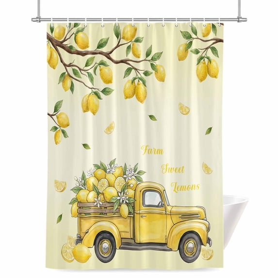 Summer Truck Lemon Shower Curtain, Country Farm Yellow Lemon Tree Leaf Waterproof Shower Curtain Set with 12 Hooks Lightweight Bath Curtains Fabric Bathroom Decor 36x72 Inches