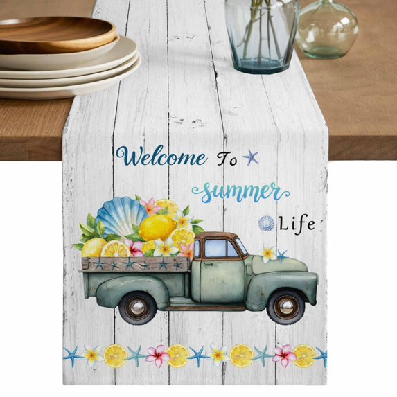 Summer Truck Lemon Table Runner 70 Inches, Nautical Coastal Grey Wooden Bed Runner Dresser Scarves Tabletop for Indoor Outdoor Parties/Ceremony/Banquet, 13" x 70"