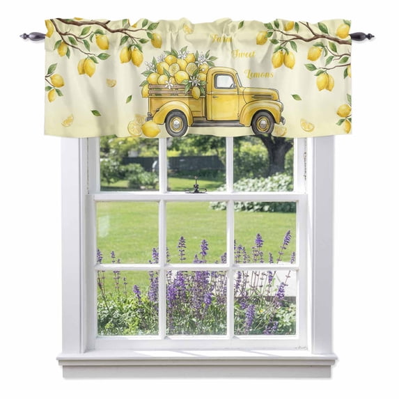 Summer Truck Lemon Valance Curtain Country Farm Yellow Lemon Tree Leaf Window Valances Rod Pocket Short Curtains Window Treatments for Kitchen Bedroom Bathroom Laundry 42" x 18"
