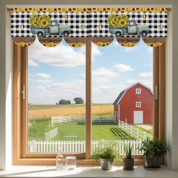 Summer Truck Sunflower Door Banner Country Yellow Flower Butterfly Black Plaid Small Scalloped Hanging Banner for Door, Hanging Flag Backdrop Decoration for Wall Window Party 3pcs, 8 x 12 Inch