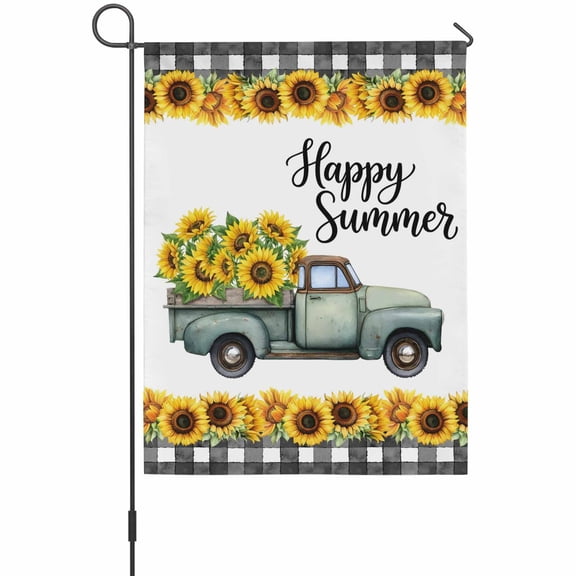 Summer Truck Sunflower Garden Flag 12 x 18 Inches, Country Farm Yellow Flower Leaf Black Plaid Weather Proof Outdoor Patio Flags Double Sided Small Garden Decoration for Yard Outside Home