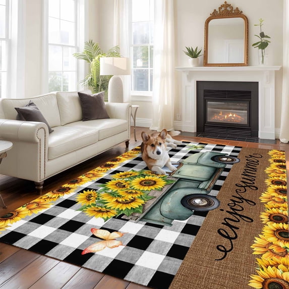 Summer Truck Sunflower Large Area Rugs 6x9 ft Country Yellow Flower Butterfly Black Plaid Washable Rug Non Slip Indoor Carpet Absorbent Floor Mat for Living Room Bedroom Dining Room