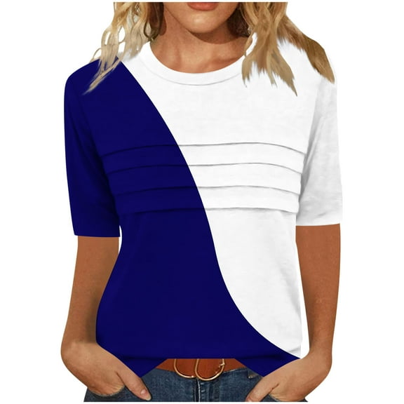 Summer Tshirts for Women Half Sleeve Floral Graphic Printed Tunic Tops Loose Fit Crew Neck Pleated Base Casual Tees (2XL, Navy)