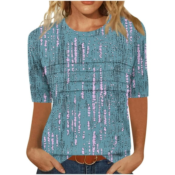 Summer Tshirts for Women Half Sleeve Floral Graphic Printed Tunic Tops Loose Fit Crew Neck Pleated Base Casual Tees (L, Blue)