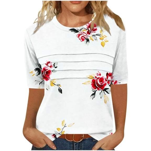 Summer Tshirts for Women Half Sleeve Floral Graphic Printed Tunic Tops Loose Fit Crew Neck Pleated Base Casual Tees (L, White)