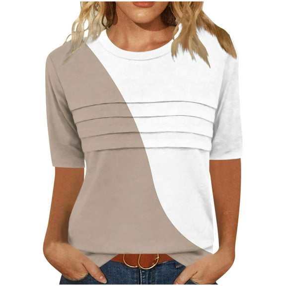 Summer Tshirts for Women Half Sleeve Floral Graphic Printed Tunic Tops Loose Fit Crew Neck Pleated Base Casual Tees (XL, Khaki)