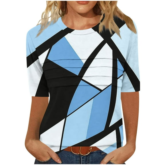 Summer Tshirts for Women Half Sleeve Floral Graphic Printed Tunic Tops Loose Fit Crew Neck Pleated Base Casual Tees (XL, Light Blue)