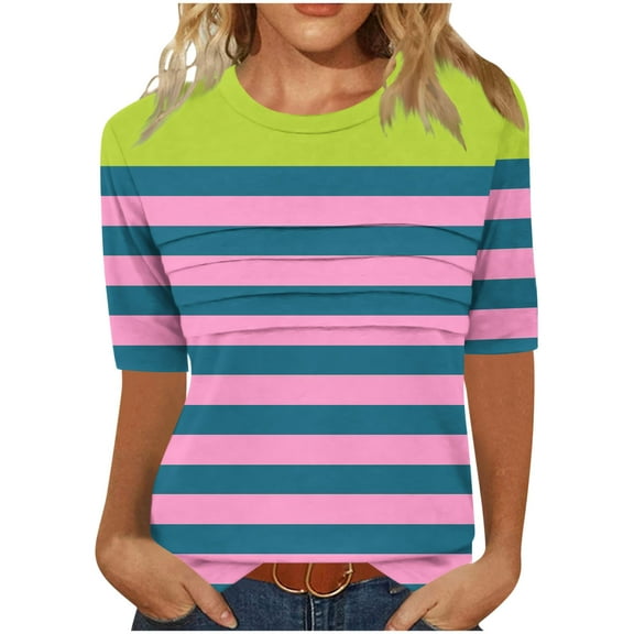 Summer Tshirts for Women Half Sleeve Floral Graphic Printed Tunic Tops Loose Fit Crew Neck Pleated Base Casual Tees (XL, Multicolor)