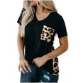 thumbnail image 1 of Summer Tshirts for Womens Fashion Short Sleeve V Neck Tops Leopard Pocket Patchwork Tunic Basic Tee, 1 of 5
