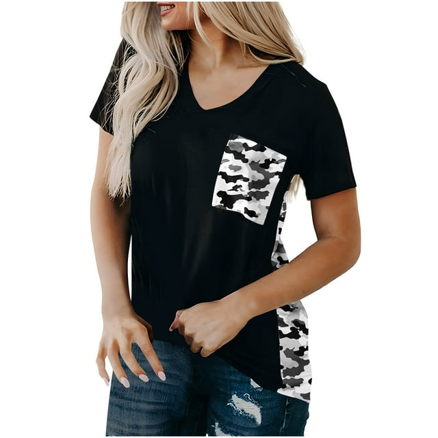 Summer Tshirts for Womens Fashion Short Sleeve V Neck Tops Leopard Pocket Patchwork Tunic Basic Tee