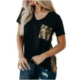 thumbnail image 1 of Summer Tshirts for Womens Fashion Short Sleeve V Neck Tops Leopard Pocket Patchwork Tunic Basic Tee, 1 of 5