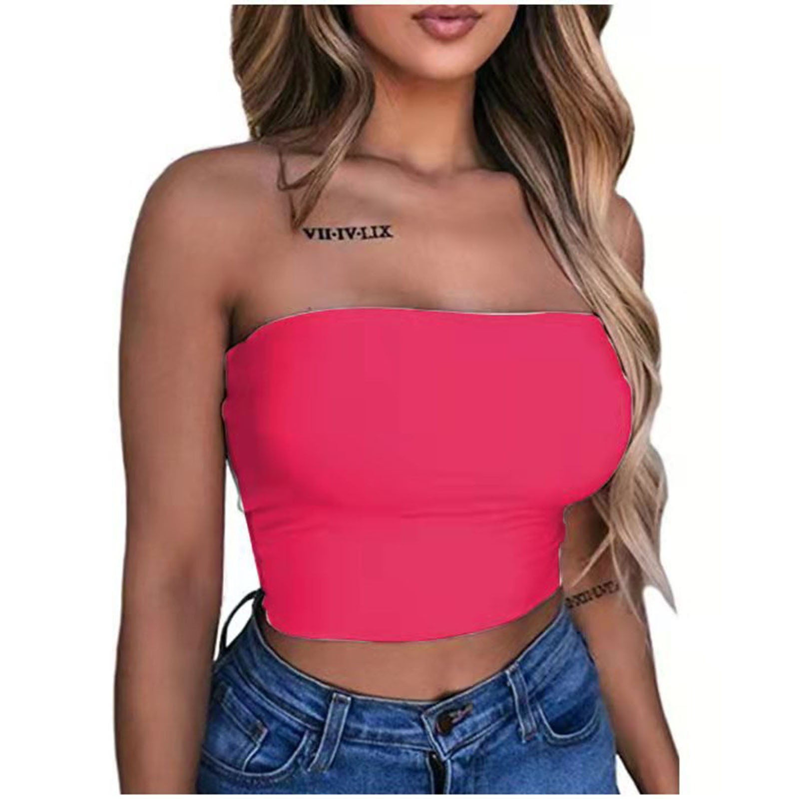 Summer Tube Tops for Women Solid Color Bralette Strapless Crop Top Sexy off  the Shoulder Fitted Shirts Tee 