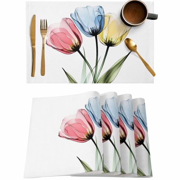 Summer Tulip X-Ray Flower Placemats Set of 4,Wipeable Washable Table Mats for Dining Tables,Watercolor Floral on White Place Mats for Kitchen Event Party Tabletop Decor