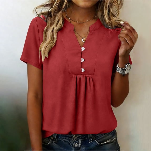 Summer Tunic Tops for Women Trendy Button Up Crew Neck Tops Short Sleeve T-Shirt Pleated Tunic Blouse Shirts Loose Blouse Dressy Casual Shirt Red XL