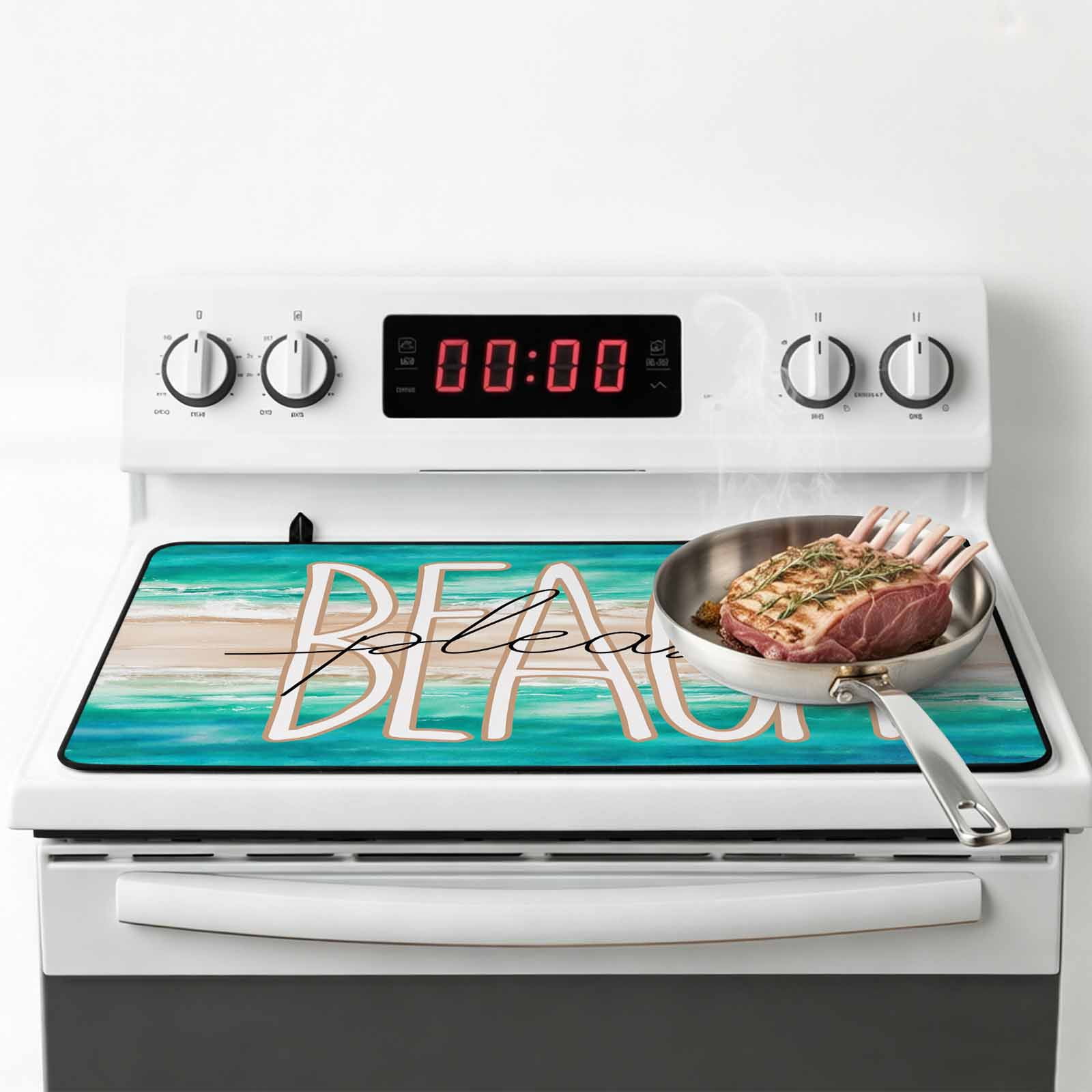 Summer Turquoise Beach Stove Top Cover for Electric Stove, Heat-proof & Non Slip Glass Top Stove Cover Protector, Sand Coastal Waves Gradient Kitchen Flat Cooktop Rubber Mat 24x21 Inches