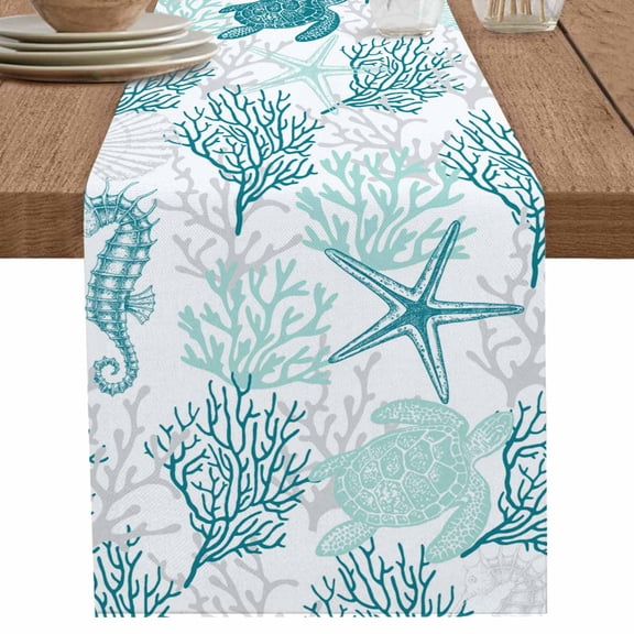 Summer Turquoise Sea Turtle Seahorse Coral Table Runner-36 Inch Long Ocean Shell Table Runners Linen Burlap Tablerunner for Kitchen Dining Room Holiday Party
