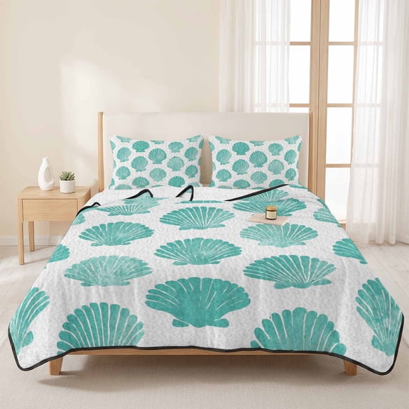 Summer Turquoise Seashell 3 Pieces Quilt Set,1 Quilt with 2 Shams,Marine Life Shell Bedspread Soft Lightweight Bedding Coverlet Comforter Set for All Season 96"x106"