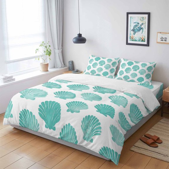 Summer Turquoise Seashell King Size Bed Set,Marine Life Shell Bedding for All Seasons,4 Pcs Bed Set with 1 Quiltcover (104"x90"),1 Sheet (108"x98"),2 Pillowcases (20"x36")
