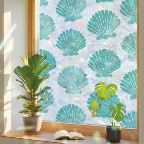 Summer Turquoise Seashell Window Privacy Film, Rainbow Film Decorative Window Sticker 17.7x39.3in, Marine Life Shell Sun Blocking Static Stained Glass Cling Tint Non-Adhesive