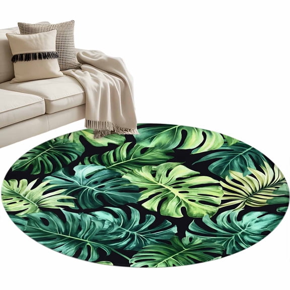 Summer Turtle Backed Round Area Rug 3ft Vintage Tropical Plant Non-Slip Washable Circle Rugs Soft Felt Indoor Floor Mat for Bedroom Kitchen Living Room Bathroom