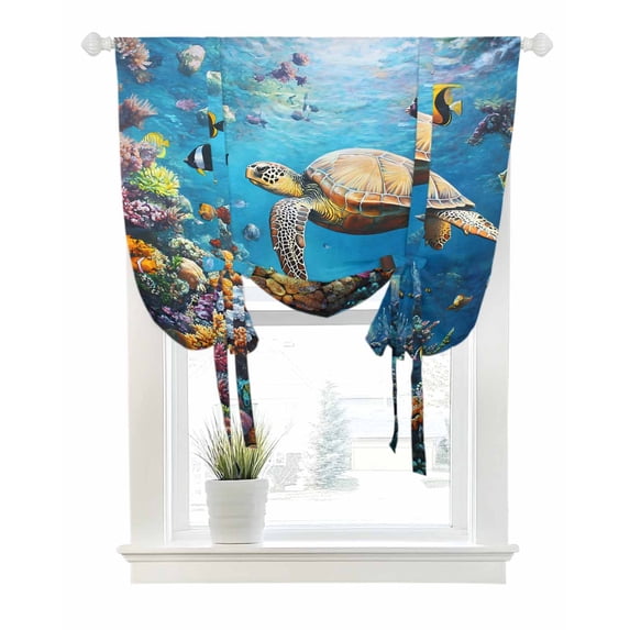 Summer Turtle Tie Up Curtains for Window, Thermal Insulated Balloon Shade Adjustable Rod Pocket Curtains Valance Panels for Kitchen Bathroom Cafe 42 x 63 Ocean Coral Underwater Sea Fish Animal