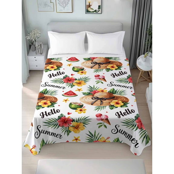 Summer Twim Size Flat Sheet, Wrinkleproof & Fadeproof Cooling Flat Bed Sheet Only, Tropical Plants Watermelon Coconut Straw Hat Breathable Soft Bedding Top Sheets 66 x 96 Inches