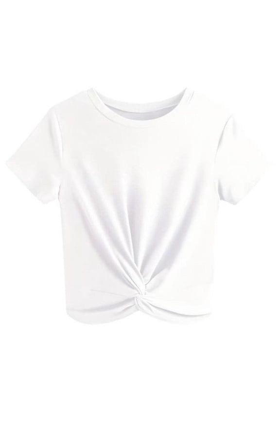 Summer Twist Front Women's Crop Top Round Neck Short Sleeve Casual Tee