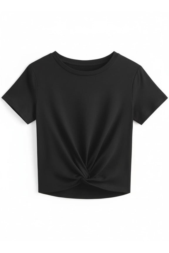 Summer Twist Front Women's Crop Top Round Neck Short Sleeve Casual Tee