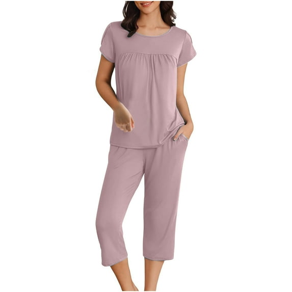 Summer Two Piece Outfits Clearance Outfits 2PC Solid Color Round Neck Short Sleeve Sleepshirt And Pants Sets Loungewear Pajamas With Pockets