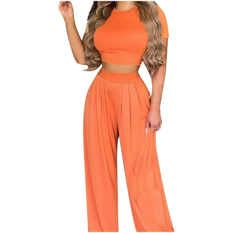 Summer Two Piece Outfits for Women Short Sleeve Slimming Crop Tops