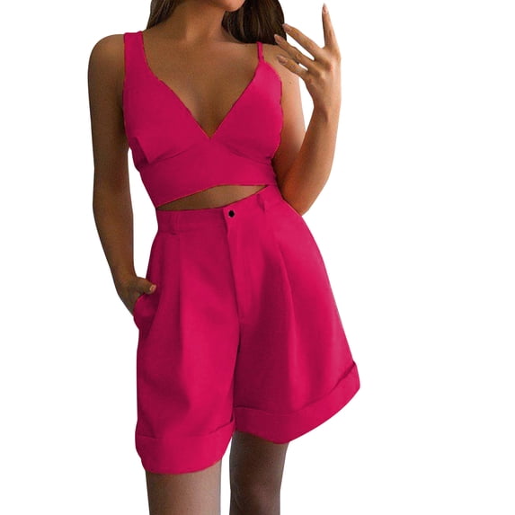 Summer Two Piece Outfits for Women Sleeveless V Neck Tank Crop Tops with High Waisted Wide Leg Cuffed Hem Shorts Sets