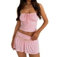 thumbnail image 1 of Summer Two Piece Outfits for Women Y2K Going Out Tie Ruched Tube Crop Tops Low Rise Pleated Mini Skort Skirt Sets Pink M, 1 of 5