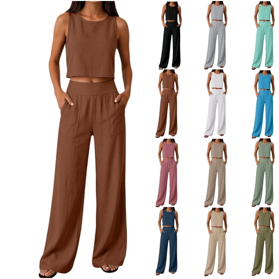 Summer Two-Piece Set for Women Round-Neck Sleeveless Crop Top + Comfortable Soft Wide-Leg Pants for Everyday and Vacations