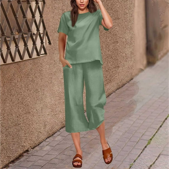 Summer Two Piece Sets For Women Casual Solid Color Suspenders Slit Loose Green-Capri Sweatsuits S-2XL