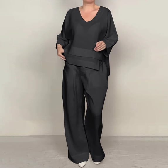 Summer Two Piece Sets For Women Plus Size Solid-Color V-Neck Mid-Sleeve Top With Straight Pocket Pants Casual Black Comfortable Matching Sets S-5XL
