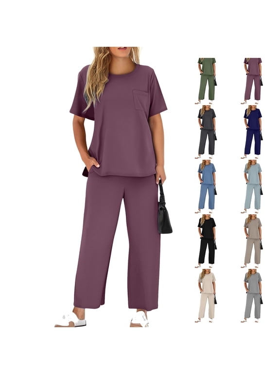 Summer Two Piece Sets For Women Solid Sets Vacation Travel Outfits V Neck Purple Comfortable Matching Sets S-2XL
