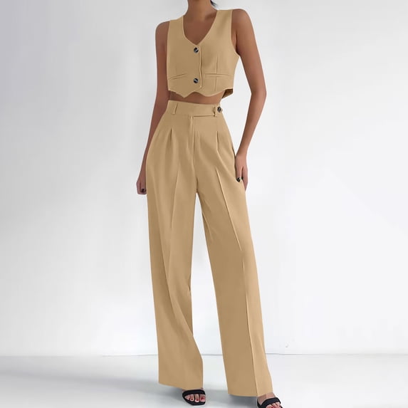 Summer Two Piece Sets For Women V-Neck Waistcoat Pants Wide-Leg Pants Solid Color Casual Comfortable Matching Sets — Khaki∣2XL