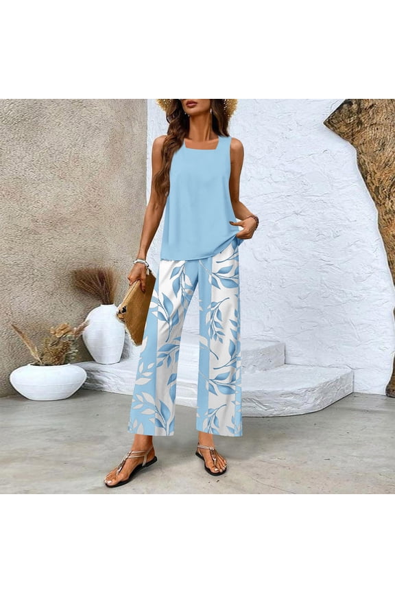 Summer Two Piece Sets Women 2025 Boho Floral Going Out Outfit Sleeveless Tiered Tank Top Wide Leg Pant Suit, 2026 New Limit time off