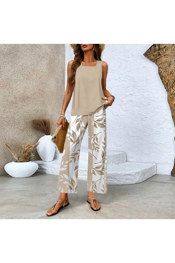 Summer Two Piece Sets Women 2025 Boho Floral Going Out Outfit Sleeveless Tiered Tank Top Wide Leg Pant Suit, 2026 New Limit time off