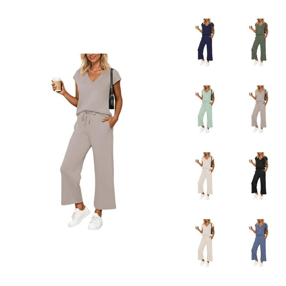 Summer Two Piece Sets for Women 2025 Lounge Sets V Neck Tops Wide Leg Pants Woman Vacation Travel Outfits