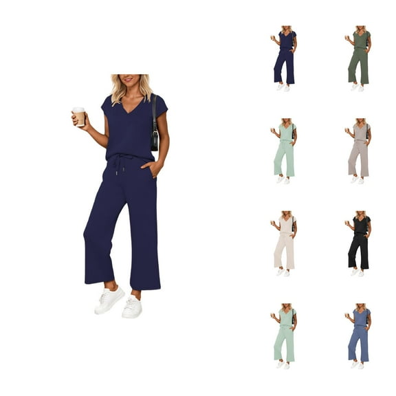 Summer Two Piece Sets for Women 2025 Lounge Sets V Neck Tops Wide Leg Pants Woman Vacation Travel Outfits