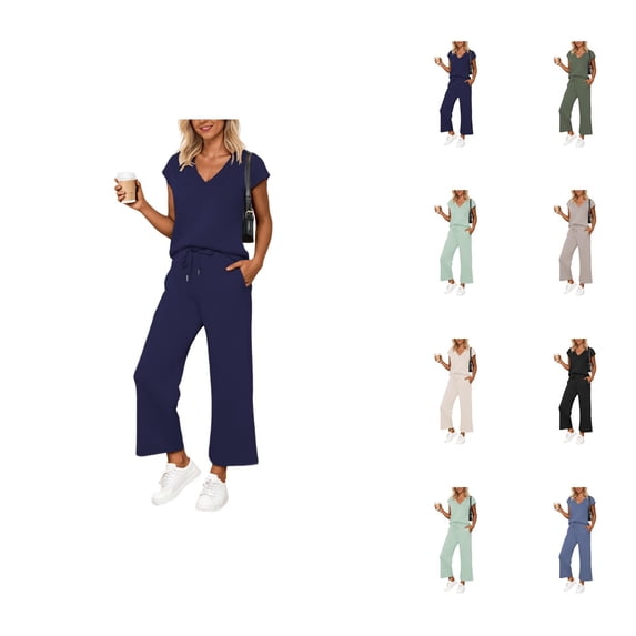 Summer Two Piece Sets for Women 2025 Lounge Sets V Neck Tops Wide Leg Pants Woman Vacation Travel Outfits