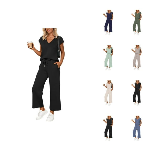 Summer Two Piece Sets for Women 2025 Lounge Sets V Neck Tops Wide Leg Pants Woman Vacation Travel Outfits