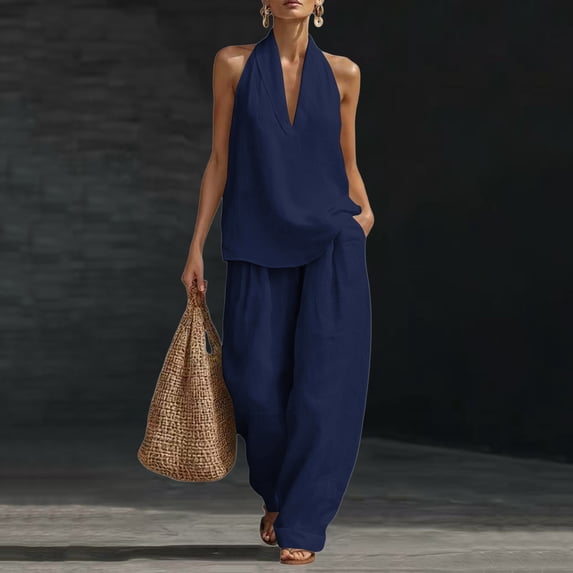 Summer Two Piece Sets for Women Sleeveless Halter Neck Tank Top Wide Leg Pants Matching Set Casual Linen Lounge Outfits with Pockets