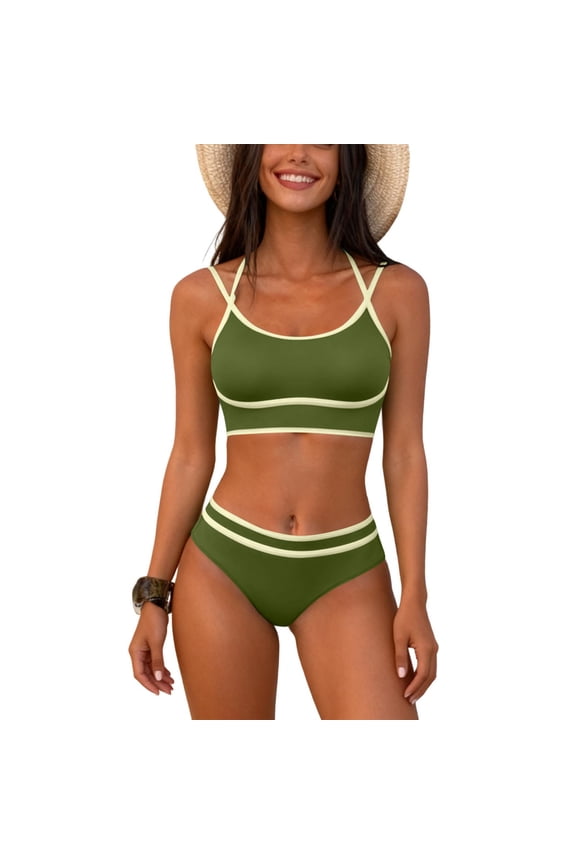 Summer Two Piece Swimsuit for Women Solid Color High-Waisted Bikini Set with Flattering Pleated Conservative And Trendy Bathing Suit for Pool Party, S-2XL