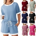 thumbnail image 1 of Summer Two Piece of Outfits Workout Plus Size Crew Neck Short Sleeve Ribbed Contrast Drawstring Shorts Casual Loungewear 2 Piece Set, 1 of 6
