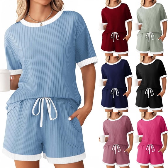 Summer Two Piece of Outfits Workout Plus Size Crew Neck Short Sleeve Ribbed Contrast Drawstring Shorts Casual Loungewear 2 Piece Set