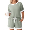 thumbnail image 1 of Summer Two Piece of Outfits Workout Plus Size Crew Neck Short Sleeve Ribbed Contrast Drawstring Shorts Casual Loungewear 2 Piece Set, 1 of 5