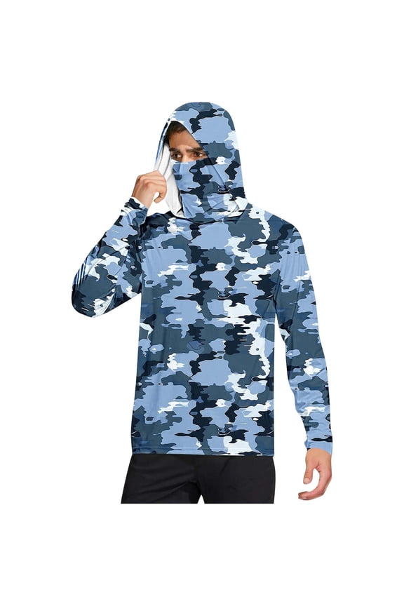 Summer UPF 50+ Sun Protection Tee Shirts for Men Long Sleeve Hooded with Mask Hiking Fishing Performance T-Shirts Light Breathable Tops Going Out Fishing Clothes