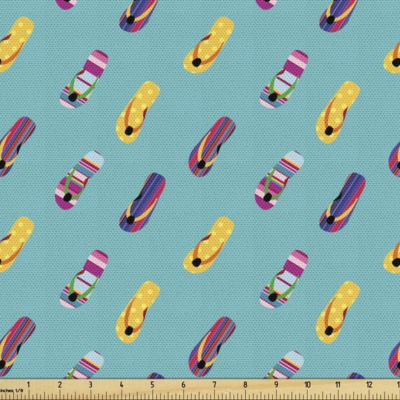 Ambesonne Summer Fabric by the Yard Upholstery, Dotted or Striped Sandals, 1 Yard, Turquoise and Multicolor